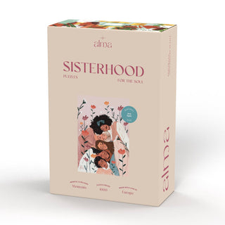 Sisterhood | 1,000 Piece Jigsaw Puzzle by Alma Puzzles comes in a beige box with art of four women among flowers; made in Europe, this puzzle celebrates women's empowerment.