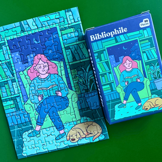 A completed Bibliophile | 99 Piece Jigsaw Puzzle and its box, both illustrating a person reading in a chair with a dog on a rug.