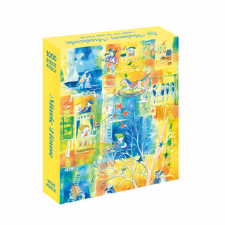The WEVE Music House | 1,000 Piece Jigsaw Puzzle showcases vibrant illustrations of people playing instruments throughout a bustling, multi-story building and is crafted from recycled paper.