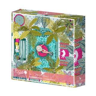 The Summer Pool | 1,000 Piece Jigsaw Puzzle by Pieces & Peace features a tropical pool scene with a woman on a float and lush leafy patterns. Made in France for premium quality and vivid detail.
