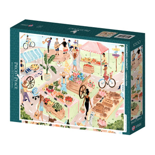 The image shows the Pieces & Peace "Farmer's Market" 1,000 piece jigsaw puzzle, made in France and featuring an illustrated scene of a lively farmers market with people shopping for fresh produce and baked goods.