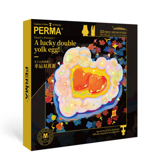 The PERMA Puzzle "Lucky Double Yolk Egg" is a 321-piece jigsaw puzzle in a black box, featuring a vibrant double-yolk egg with flowers, crafted from durable Dutch blue-core chipboard.