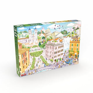 Discover the "Home of La Dolce Vita" by Penny Puzzle—a 1,000-piece illustrated jigsaw puzzle featuring a vibrant Italian cityscape filled with historic buildings, lively people, lush trees, and a bright sky—perfect for anyone who loves Italian city puzzles.