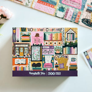 The One More Chapter | 500 Piece Jigsaw Puzzle by Spaghetti Tree features illustrated bookshelves, cozy reading scenes, and vibrant book-themed decor.