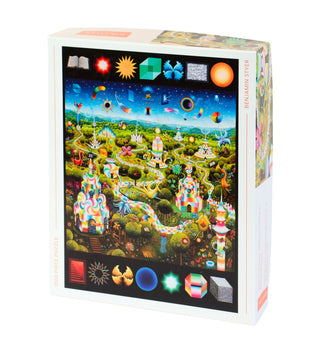 The Mondegreen Codex | 1,000 Piece Jigsaw Puzzle by Kinstler Puzzles showcases Benjamin Styer's vibrant, surreal landscape of geometric shapes, abstract structures, and bold symbols on its colorful box.