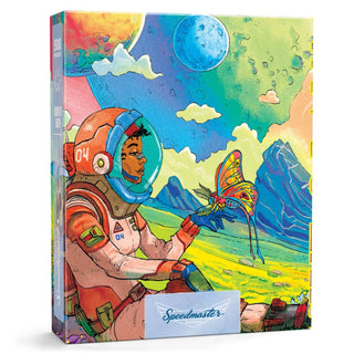 Down To Earth | 500 Piece Jigsaw Puzzle by Boardwalk Puzzle Company features an astronaut on alien terrain holding a butterfly, with mountains, planets, and vivid skies in the background.