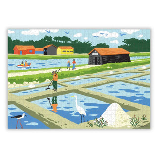 Illustration of people harvesting salt near boats, birds, and colorful buildings under a blue sky—featured on Aparté’s Port Des Salines | 1,000 Piece Jigsaw Puzzle.
