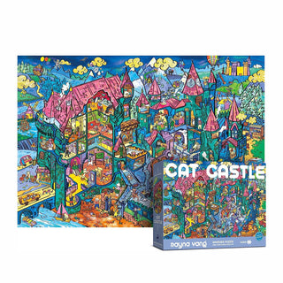 The Antelope Puzzle Cat Castle 1,000 Piece Jigsaw Puzzle features a whimsical castle filled with cats; the completed image is displayed behind the box, offering a fun and colorful challenge for puzzle lovers.