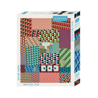 The Untitled, 2022 | 1,000 Piece Jigsaw Puzzle box, featuring a Barry McGee collage of geometric patterns and small, stylized faces.