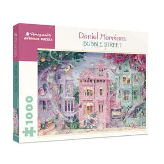 The Daniel Merriam: Bubble Street | 1,000 Piece Jigsaw Puzzle by Pomegranate features vibrant, whimsical Victorian houses from his iconic Bubble Street artwork—an enchanting fantasy puzzle that brings his surreal visions to life.
