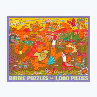 Enjoy hours of eco-friendly fun with the “Easy Going” 1,000 Piece Jigsaw Puzzle by Birdie Puzzles. Featuring bold, colorful orange animal characters in a whimsical outdoor scene, this illustrated puzzle is crafted from high-quality Blue Kappa chipboard using recycled materials. The box displays the text: BIRDIE PUZZLES 1,000 PIECES at the bottom for a playful touch.