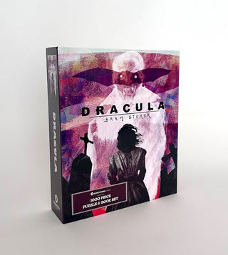 The Dracula | 1,000 Piece Jigsaw Puzzle by Bookworm Puzzles features a stylized illustration of Dracula and a woman on the box cover—an essential set for fans of Bram Stoker’s classic and lovers of gothic horror.