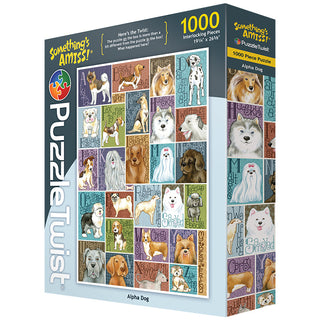 The Alpha Dog 1000 Piece Jigsaw Puzzle by PuzzleTwist features charming dog breeds, each labeled with its breed name and illustrated by Krista Hamrick.