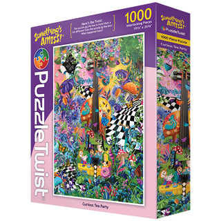 The Curious Tea Party | 1000 Piece Jigsaw Puzzle by PuzzleTwist features vibrant, whimsical art with animals, a violin, and a checkered path on the box.