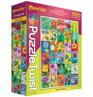PuzzleTwist’s Garden Delights | 1000 Piece Jigsaw Puzzle features colorful illustrated flower seed packets, with artwork by Angela Staehling on the box.