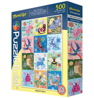 The Quilted Critters | 500 Piece Jigsaw Puzzle by PuzzleTwist features colorful animal-themed quilt squares illustrated by Mirka Hokkanen on its front packaging.