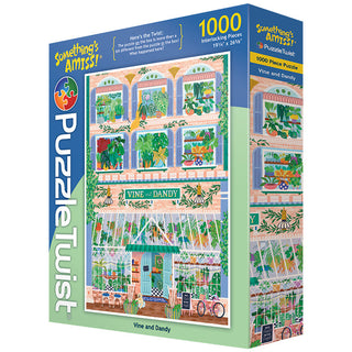 PuzzleTwist’s Vine and Dandy | 1000 Piece Jigsaw Puzzle showcases an illustrated greenhouse and garden shop, with plants and bicycles—a delightful choice for botanical puzzle lovers.