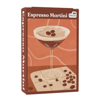 Puzzledly’s Espresso Martini | 99 Piece Jigsaw Puzzle is a pocket-sized challenge featuring an illustration of an espresso martini cocktail, coffee beans scattered across a checkered surface, and distinct ribbon-cut pieces for extra difficulty.