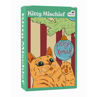 The Kitty Mischief 99 Piece Jigsaw Puzzle box features an orange cat reaching for a blue Christmas ornament that reads Merry Xmas.