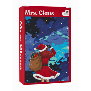 A Puzzledly Mrs. Claus | 99 Piece Jigsaw Puzzle in a pocket-sized box featuring an illustration of Mrs. Claus carrying a sack of gifts against a starry night sky.