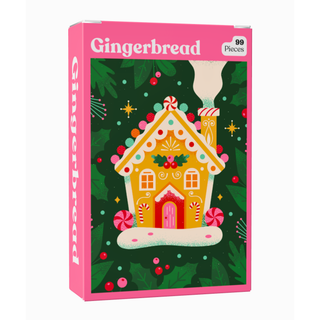 The Gingerbread | 99 Piece Jigsaw Puzzle box features an illustration of a peppermint-decorated gingerbread house against a dark green holly background.