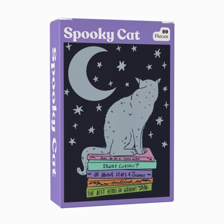 A box labeled “Spooky Cat | 99 Piece Jigsaw Puzzle” by Puzzledly, featuring an illustration of a cat sitting on books beneath a crescent moon and stars. With 99 pieces, this mini puzzle is perfect for cozy evenings or as a thoughtful gift.