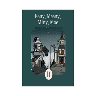 Whimsical illustration of two houses at night with dark figures and trees, featuring the text “Eeny, Meeny, Miny, Moe” and the number 11 in a circle at the bottom. This enchanting scene is part of la pauz’s Halloween puzzle collection and appears on their “Eeny, Meeny, Miny, Moe” 99 Piece Jigsaw Puzzle.