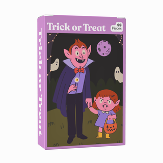 The Trick or Treat | 99 Piece Jigsaw Puzzle by Puzzledly features a charming illustration of two vampires trick-or-treating at night—an adult with a flashlight and a child with a pumpkin bucket—set beneath the “Trick or Treat” text. This pocket-sized puzzle includes 99 ribbon-cut pieces, making it perfect for on-the-go fun.