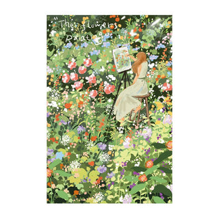 A woman in white paints a vibrant flower garden, surrounded by lush blooms, in the Romantic Flower Sea 1,000 Piece Jigsaw Puzzle by Momibook, measuring 19.7" x 29.5".