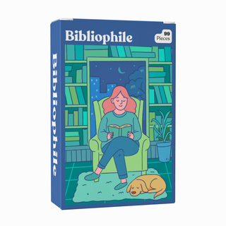 Here is a revised sentence using your product data: Illustration of the pocket-sized Bibliophile | 99 Piece Jigsaw Puzzle by Puzzledly, featuring a woman reading in an armchair by a bookshelf while a dog sleeps on the rug; the box notes it contains 99 ribbon-cut pieces.