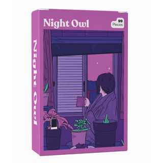 Night Owl | 99 Piece Jigsaw Puzzle box showing an illustration of a person drinking from a mug while looking out a window at night, surrounded by potted plants.