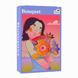 The Puzzledly Bouquet | 99 Piece Jigsaw Puzzle comes in a pocket-sized box featuring an illustration of a smiling person holding colorful flowers against a sunset background, with 99 ribbon-cut pieces indicated on the packaging.