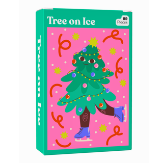 A Puzzledly Tree on Ice 99 Piece Jigsaw Puzzle, featuring a pocket-sized box with an illustrated Christmas tree with a face ice skating on a pink background with confetti.