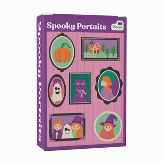 The Puzzledly Spooky Portraits | 99 Piece Jigsaw Puzzle is a pocket-sized puzzle with charming matte-finish illustrations, including a pumpkin, house, ghost, cat, girls in witch hats, and a group portrait set against a pink background.