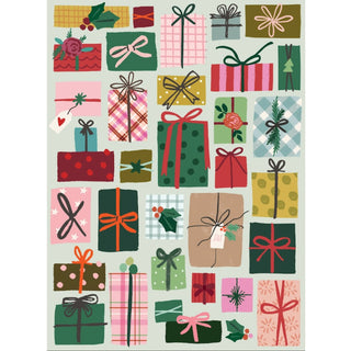 Cheerful illustration of assorted gift boxes in vibrant sizes, patterns, and bows—ideal for the Puzzlefolk “Gifts Galore | 1,000 Piece Jigsaw Puzzle,” capturing festive spirit in every piece.