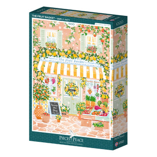 The Fruit Basket by Pieces & Peace is a 1,000-piece jigsaw puzzle featuring a charming fruit shop with yellow striped awning, baskets, flowers, and a chalkboard sign—proudly made in France.