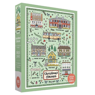 Enjoy the “Classic Christmas Movie Favorites” 500-piece jigsaw puzzle by Pippi Post, featuring illustrated buildings and beloved scenes from holiday classics. With a festive green border and labeled landmarks like Macy’s and Bedford Falls, this puzzle is the perfect gift for Christmas or cozy holiday movie nights.