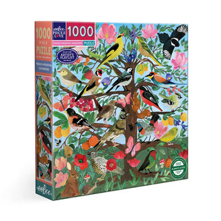 The eeBoo French Medieval Songbirds 1,000 Piece Jigsaw Puzzle features bird illustrations on a vibrant tree and is made with sustainably sourced materials.