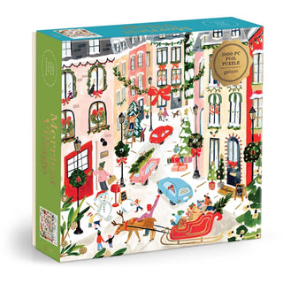 The Merriest Village 1,000 Piece Jigsaw Puzzle by Galison showcases a festive village scene filled with holiday decorations, people, cars, Santa in his sleigh, and animals—a perfect holiday activity for cozy winter nights.