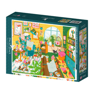 Enjoy "Home Is Where the Cats Are" by Pieces & Peace—a vibrant 1,000-piece jigsaw puzzle featuring Sofia Cardoso’s lively cat-filled living room, packed with plants, books, and cozy furniture. Made in France.