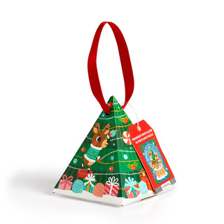 Mudpuppy’s Reindeer Snow Globe 48 Piece Jigsaw Puzzle comes in a pyramid-shaped holiday ornament box with a red ribbon handle, festive Christmas tree, gifts, and reindeer artwork—perfect for holiday gifting.