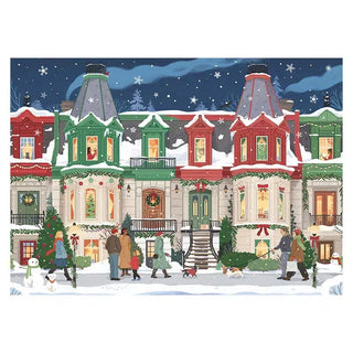 Trevell’s December Avenue | 1,000 Piece Jigsaw Puzzle features a snowy street with decorated townhouses, festive holiday lights, and people walking for a charming Christmas scene.