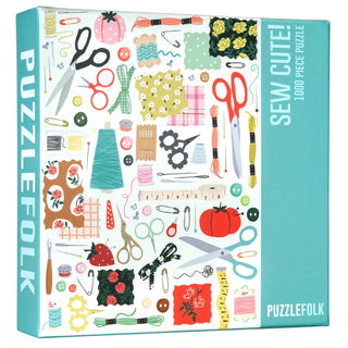 Front of the Sew Cute! | 1,000 Piece Jigsaw Puzzle by Puzzlefolk, featuring sewing tools and materials such as scissors, thread, fabric, buttons, and pins—the ideal puzzle for any craft and jigsaw enthusiast.