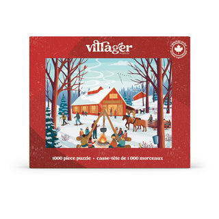 Experience the magic of winter with the Cabane À Sucre | 1,000 Piece Jigsaw Puzzle by Villager Puzzles. This captivating puzzle showcases a classic Canadian winter scene: people gathered outdoors around a glowing bonfire, sleds and horses nearby, and a charming red-roofed sugar shack nestled among bare trees dusted with shimmering snow—the perfect choice for anyone who loves reliving cozy sugar shack memories.