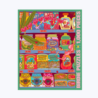 Experience the Between Days 1,000 Piece Jigsaw Puzzle by Birdie Puzzles—a beautifully illustrated box brimming with vibrant jars and cans stacked on shelves, each adorned with playful soup names and prices. Made from premium Blue Kappa chipboard, this eco-friendly puzzle promises quality and sustainability. The side of the box proudly displays: BIRDIE PUZZLES 1,000 PIECES.