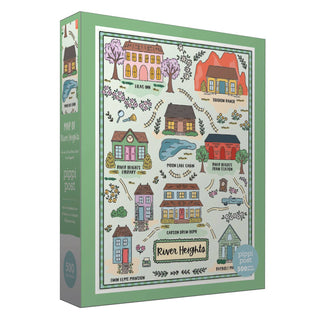 The River Heights Map 500 Piece Jigsaw Puzzle by Pippi Post features illustrated buildings and landmarks, colorful houses, and labeled locations—a perfect pick for vintage book collectors.