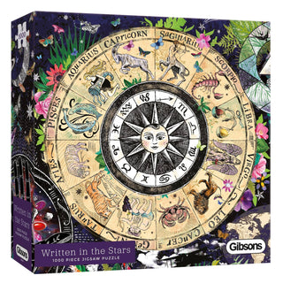 Expertly designed by Amanda Hillier, the Written in the Stars | 1,000 Piece Jigsaw Puzzle from Gibsons Games features a mesmerizing zodiac wheel illustration. This enchanting astrology puzzle displays all the astrological signs surrounding a luminous central sun and moon, making it an ideal choice for both stargazers and jigsaw enthusiasts.