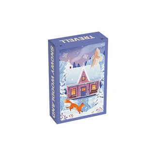 A rectangular Snowy Woodland | 99 Piece Jigsaw Puzzle box featuring a snowy woodland illustration of a snow-covered cabin, a fox, and an owl.