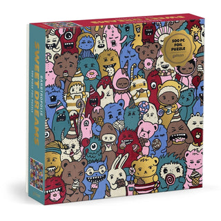 A 500-piece Barbtropolis Sweet Dreams jigsaw puzzle by Galison, featuring a vibrant and crowded illustration of whimsical cartoon animals and creatures with expressive faces, this puzzle is perfect for brightening your day with its delightful, playful design.