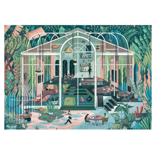 Illustration of a large greenhouse filled with plants and people inside and out, surrounded by lush greenery—an inviting scene from Trevell’s The Jungle Café | 1,500 Piece Jigsaw Puzzle.